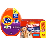 Pet Hair Bundle: Tide PODS Laundry Detergent Soap Pods, Spring Meadow Scent, 112 count + Bounce Pet 