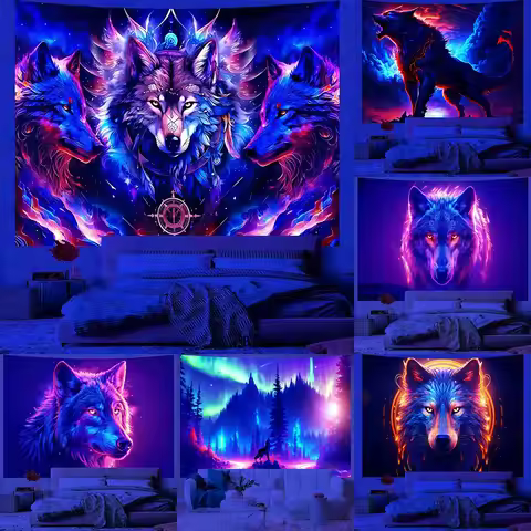 Fluorescent Wolves Tapestry Decor UV reaction tapestry background decoration wall hanging bedroom pa