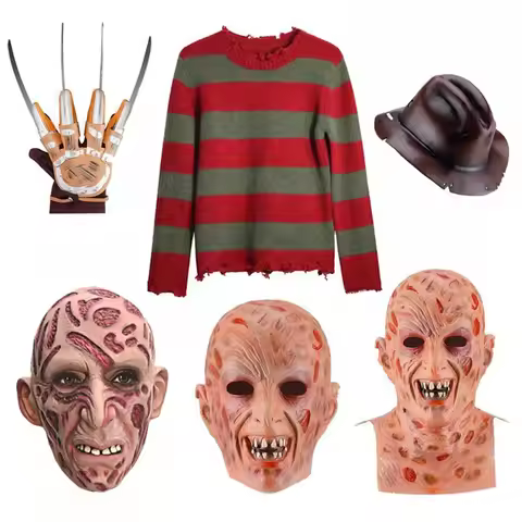 Freddy Krueger Cosplay Costume Women Sweater Red Striped Knitting Top Hat Mask Claw Freddie Krueger 
