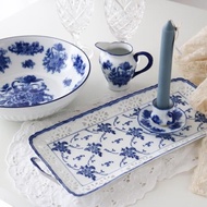 W1962出口歐洲陶瓷釉下彩花器型復古青花牡丹雙耳長托盤/大碗奶壺