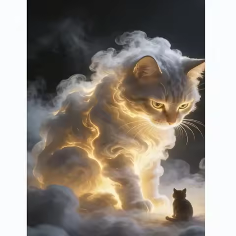 Fantasy Glowing Cloud Cat With Small Kitten Silhouette On Misty Background Vertical Full Drill Diamo