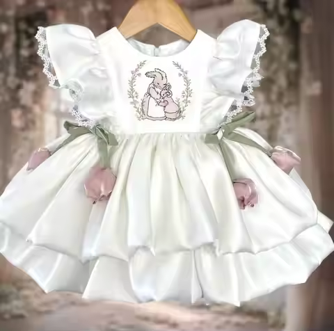 0-12Y Baby Girl Summer Rabbit Embroidery White Vintage Princess Dress for Birthday Photography Holid