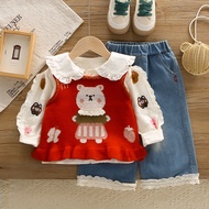 New Autumn Spring Girls Clothes Baby Causal Sweater Vest Coat Shirt Causal Jeans 3pcs/set Kids Sport