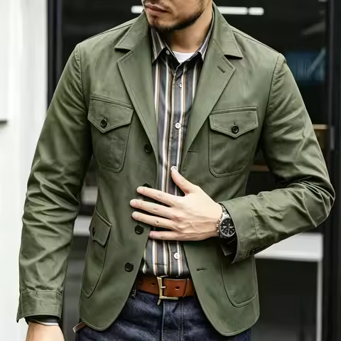 Men Safari Jacket Lightweight Multi Pocket Casual Field Suit Coat Vintage Military Style Outdoor Tra