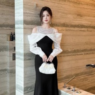 FOLADY - P210 Dress Wanita Import Dress Sabrina Model Duyung Lengan Panjang Keunikan Leher Bulat Bli
