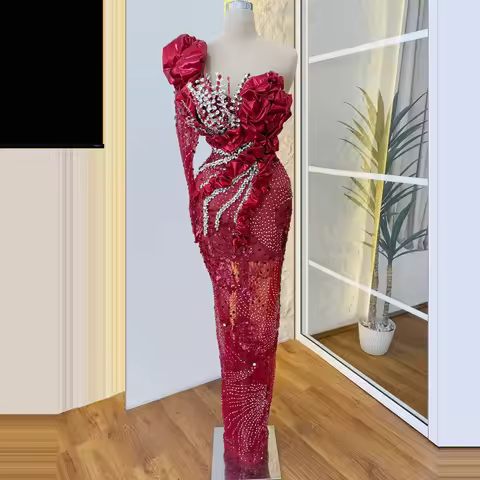 Luxury Evening Dress Red Ruffle Mermaid Dress Crystal Sequin Evening Gown See-Through Irregular Slee