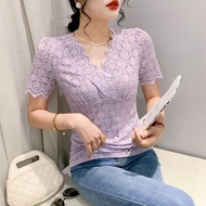 European Goods Spring Summer New Style Korean Version Slim-fit V-Neck Lace Stitching T-Shirt Women Short-Sleeved Fashion Bo