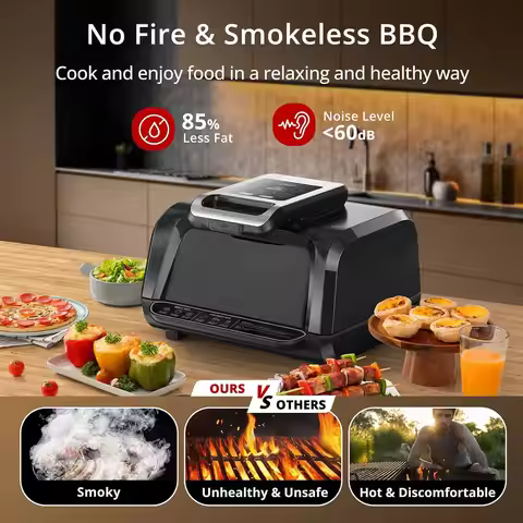 7-in-1 Smokeless Indoor Electric Air Grill Fryer Combo with See-Through Window Removable Plates,up t