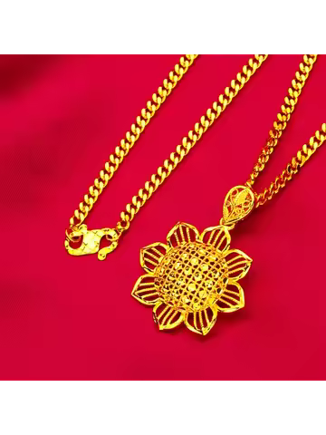 Women's 24K Gold AU999 Sunflower Hollow S-Clasp Flat Necklace - Exquisite flower & chain, light text