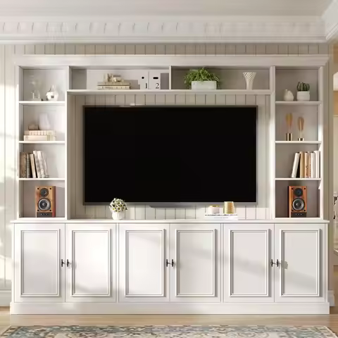 4-Piece Entertainment Center Wall Unit TV Stand Bookshelves 6 Doors Adjustable Shelves Media Console