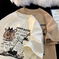 Summer Round Neck Men Cold Brewed Coffee Black Cat Short Sleeve T-shirts Japanese Street Style Young