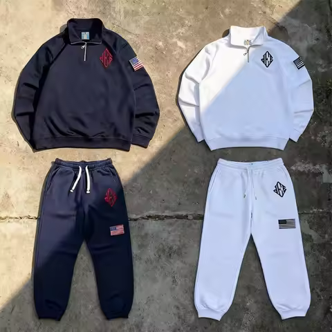 Y2K Two Piece Embroidery Quarterzip Pullover Stand Collar JEE American Oversized Sweatshirt Goth Tra