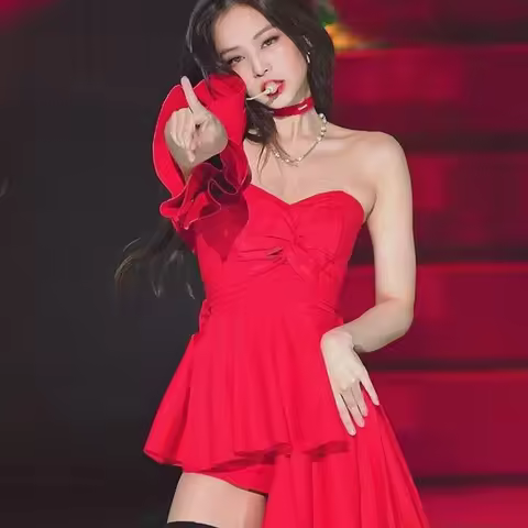 Red Shoulder-baring Top with Knot Performance Costume for Female Singer Jisoo Stage Outfit Women's F