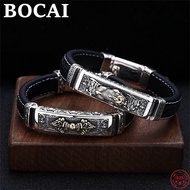 BOCAI 100% S925 Sterling Silver Bracelets Leather Rope Chain Six Syllable Mantra Vajra Pestle PiXiu Pure Argentum Men's Bangle