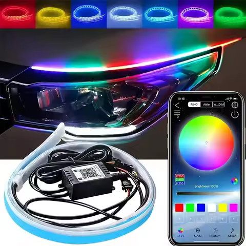 2Pcs RGB Daytime Running Light DRL Universal Flexible Flowing Multi Color APP Remote LED Strip Turn