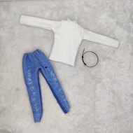 1/6 Barbie White Cotton Knitted Top with LV Leather Belt & Denim Long Ripped Jeans