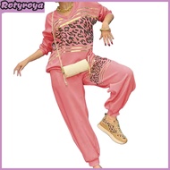 2 Pcs/Set Women Casual Outfit Top Pants Set V Neck Long Sleeves Bronzing Leopard Print Sweatshirt El