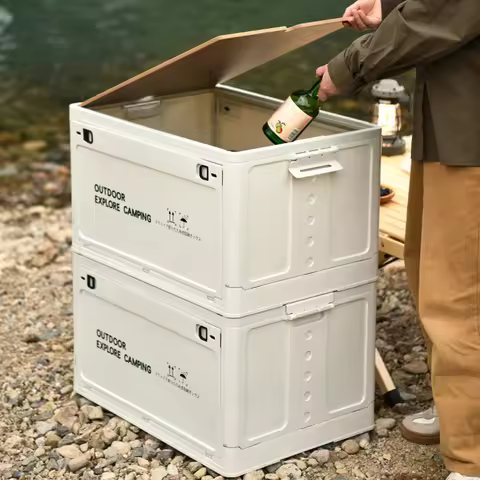 30L Folding Car Storage Case with Wooden Lid Plastic Storage Bin Large Capacity Multifunctional Home