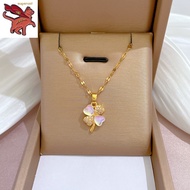 18K Saudi Gold Pawnable Opal Lucky Clover Diamond Pendant Necklace for Women