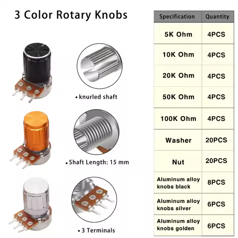 40PCS WH148 Potentiometer Kit 5K 10K 20K 50K 100K 15mm Linear Taper Rotary Potentiometer 3Pin With R