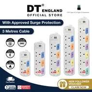 DT England 3M Extension Socket Cord With 2 USB , Approved Surge Protection ( 3 Metre ) White