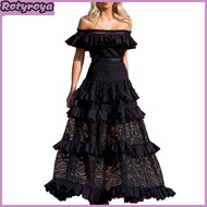 Lady Bandeau Dress Hollow Out Off Shoulder Patchwork Flower Embroidery Maxi Dress Ruffle Lace Prom P