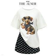 White T-Shirt Set Short Sleeves Dog Pattern Tie Fabric + Black Polka Dot Skirt Thealner (Dialner) AN