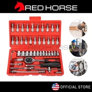 RED HORSE 46Pcs 1/4 Inch Tools Set Screwdriver Box Socket Set Ratchet & Bits Chrome Vanadium CR-V Sp