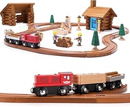 SainSmart Jr. Wooden Train Set with Log Cabin, Toddler Building Blocks - 100 PCS Real Wood Logs - Lumber Mill - Buildable Train Tracks Construction Toy for 3,4,5 Year Old Boys and Girls