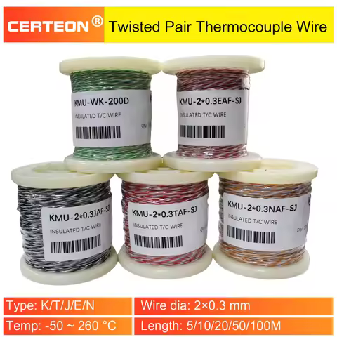 K/T/J/E/N type 20.3 thermocouple temp sensor wire –50-260℃ PTFE insulated twisted pair measuring cab