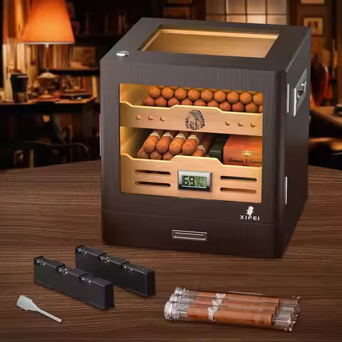 Cigar Humidor Cabinet,LED Lighting,Digital Hygrometer,2 Humidifiers,Cigar Tube,Desktop,Cedar Wood,wi