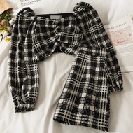 Set Dạ Caro Áo Croptop Nhún Dài Tay + Chân Váy Chữ A
