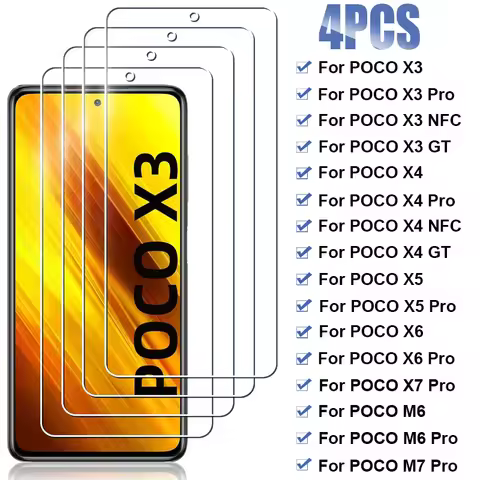 4PCS Protective Glass For Poco X3 X4 GT NFC X5 X6 X7 Pro 5G Screen Protector for Xiaomi Poco M3 M4 M