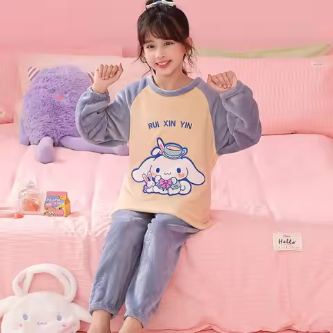 Sanrio Kawaii Kuromi Cinnamoroll Kids Winter Pajamas Set Children's Sleepwear Warm Flannel Homewear