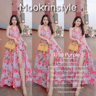 Mookrinstyle เดรสยาวลายดอก ดีเทลผูกคอโชว์หลัง เนื้อผ้าพิมพ์ลาย ชุดไปทะเล ไปเที่ยว แม็กซี่เดรส