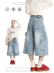 Y2K Street Vintage ล้าง Cat Whiskered สไตล์ขากว้างเบอร์มิวดากางเกงยีนส์เข่าความยาว Denim Jorts กางเก