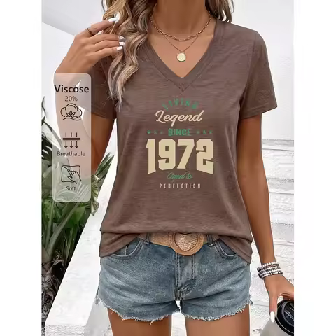 Women'S Summer Clothing 1972 Living Legend Perfect Age Print V-Neck Short Sleeves, Soft, Skin-Friend