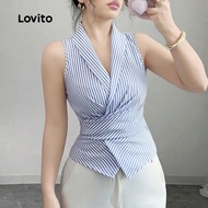 (Trendy) Lovito Casual Striped Fake 2 In 1 Split Front Blue Tank Top for Women L135AD532
