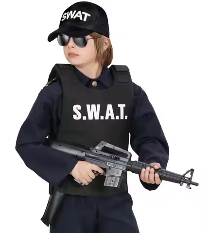 Kids Police Swat Bulletproof Vest & Swat Cap Hat Costume Fancy Dress Outfit 3-9years children police