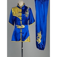 Người lớn thêu rồng rồng kung fu wushu cạnh tranh quần áo võ thuật đồng phục trẻ em Color: Blue Long Sleeve Size: 130
