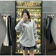 Áo sơ mi tay dài Oxford thêu Codes studio tà bầu from rộng nam nữ 2 màu trắng kẻ sọc xanh basic stri