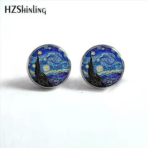 NES-001 Van Gogh Painting Stud Earrings The Starry Night Ear Studs Van Gogh Sunflowers Round Jewelry