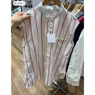 UNIQLO เสื้อเชิ๊ตตัวยาวผสมผ้าลินิน Jwa สำหรับผู้หญิงเสื้อเชิ้ตแขนกุดลำลองหลวมสบายเสื้อผ้าใหม่24 4670