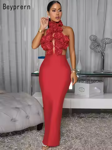 Beyprern Beautiful Off Shoulder 3D Flowers Bandage Maxi Dress For Women Glam Backless Fitted Party D