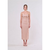 Ansley Beige Zipper Back Spaghetti Strap Midi Dress