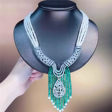 4 Strands 18'' White Pearl Freshwater Statement Necklace CZ Pave Green Jade Pendant