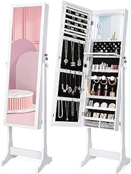 Nicetree Touch Screen LED Jewelry Organizer, Freestanding Full Length Mirror Jewelry Cabinet, Standing Mirror with Jewelry Storage, 2 Drawers, Foldable Makeup Shelf，White