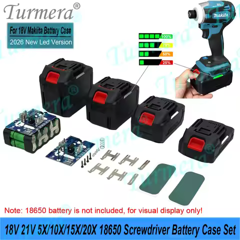 Turmera 18650 Battery Case Set 5X 10X 15X 20X 18V 21V Screwdriver Battery 35A 130A BMS LED Display D