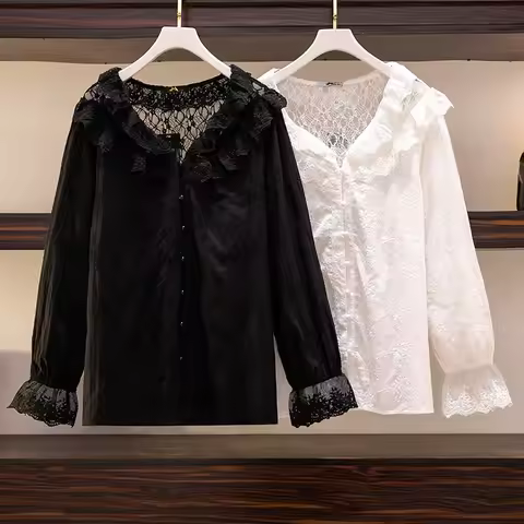 150Kg Plus Size Women's Bust 153 Spring Loose Embroidery Hollow Lace Shirt Ruffle Lantern Sleeve Top