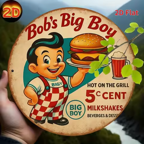 Vintage Bob's Big Boy Round Tin Sign, Retro Distressed 50s Diner Burger Mascot Metal Wall Art, Rusti